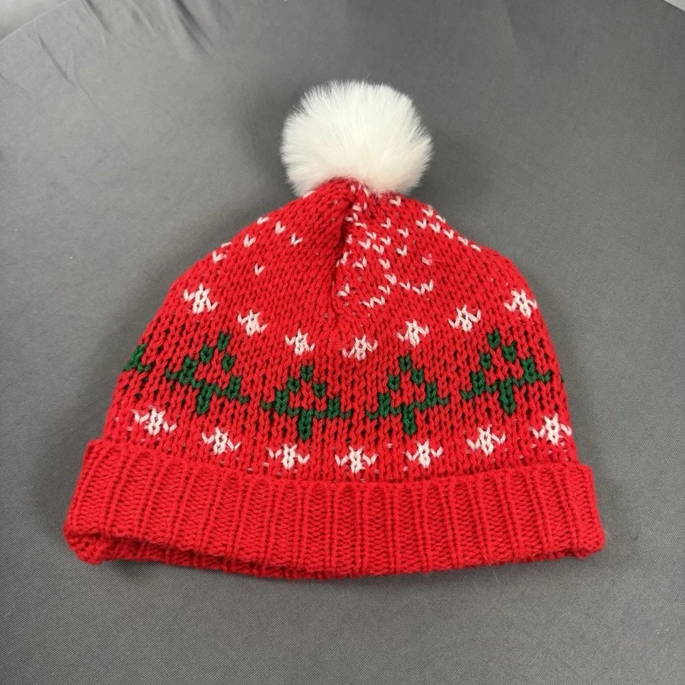 Vintage Kids Red/Green Stocking Cap‎ With White Puff